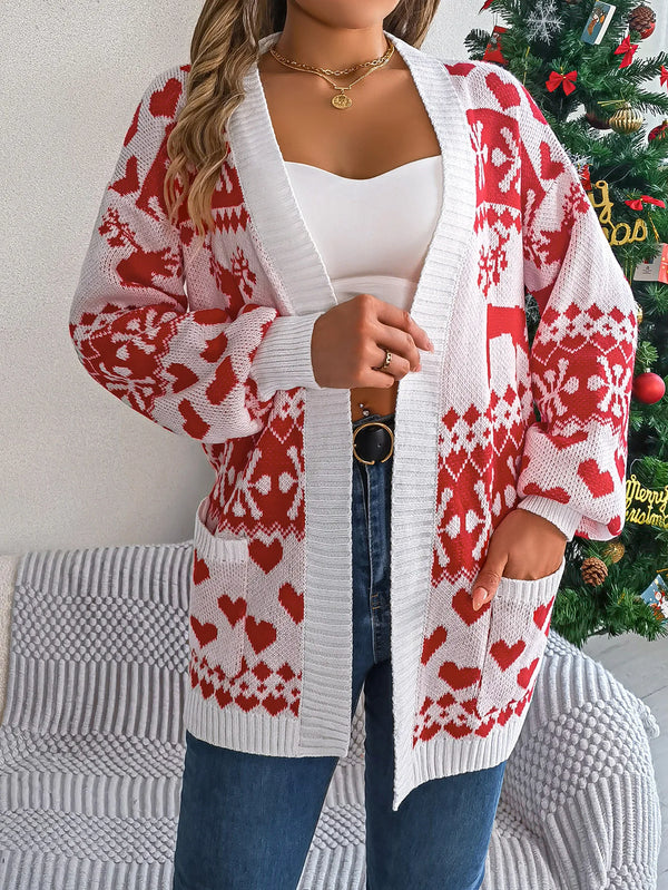 Nouveau pour femmes Automne et hiver Noël Poche de cerf Cardigan à manches longues Pull Veste Manches lanterne Vêtements lâches pour femmes de