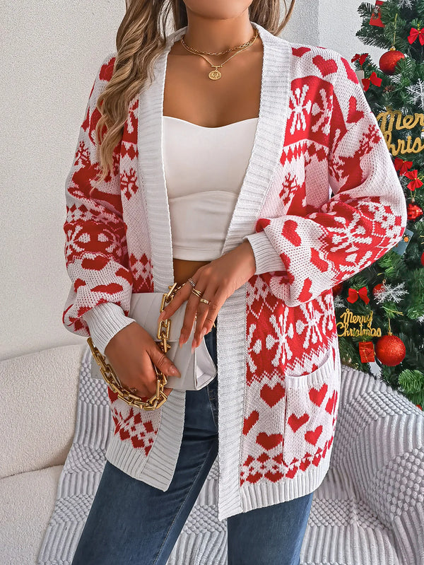 Nouveau pour femmes Automne et hiver Noël Poche de cerf Cardigan à manches longues Pull Veste Manches lanterne Vêtements lâches pour femmes de