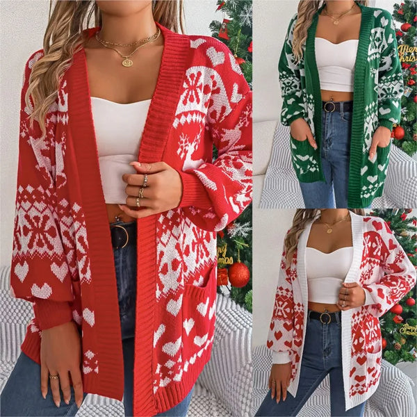 Nouveau pour femmes Automne et hiver Noël Poche de cerf Cardigan à manches longues Pull Veste Manches lanterne Vêtements lâches pour femmes de