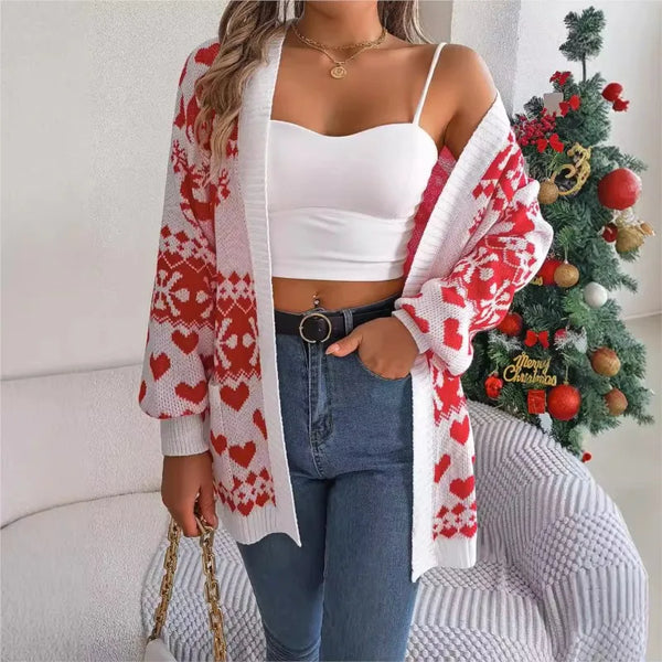 Nouveau pour femmes Automne et hiver Noël Poche de cerf Cardigan à manches longues Pull Veste Manches lanterne Vêtements lâches pour femmes de