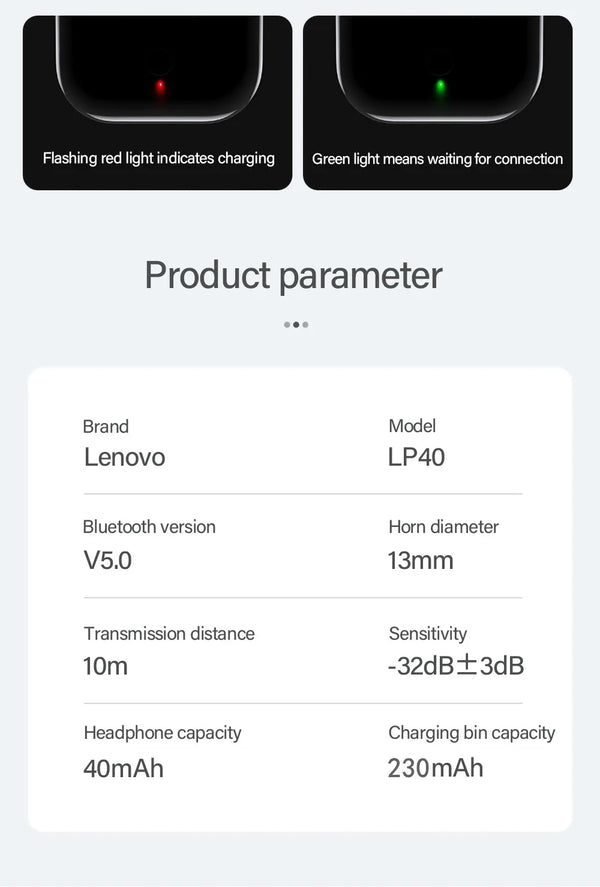 Lenovo – écouteurs Bluetooth 5.0 lp40, son immersif